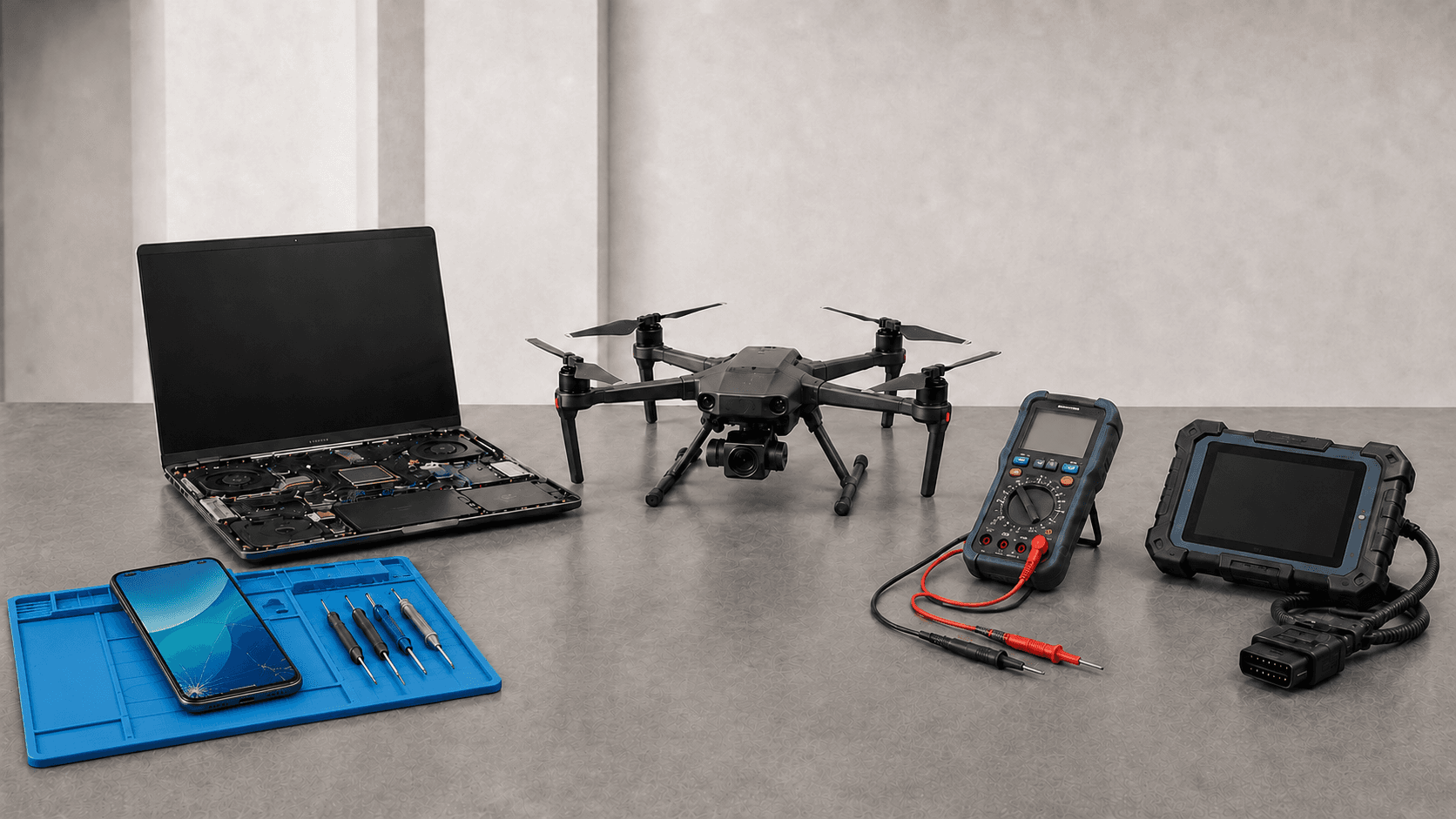 Poste de travail de réparation : ordinateur portable ouvert, drone, téléphone sur tapis antistatique, multimetre et valise de diagnostic