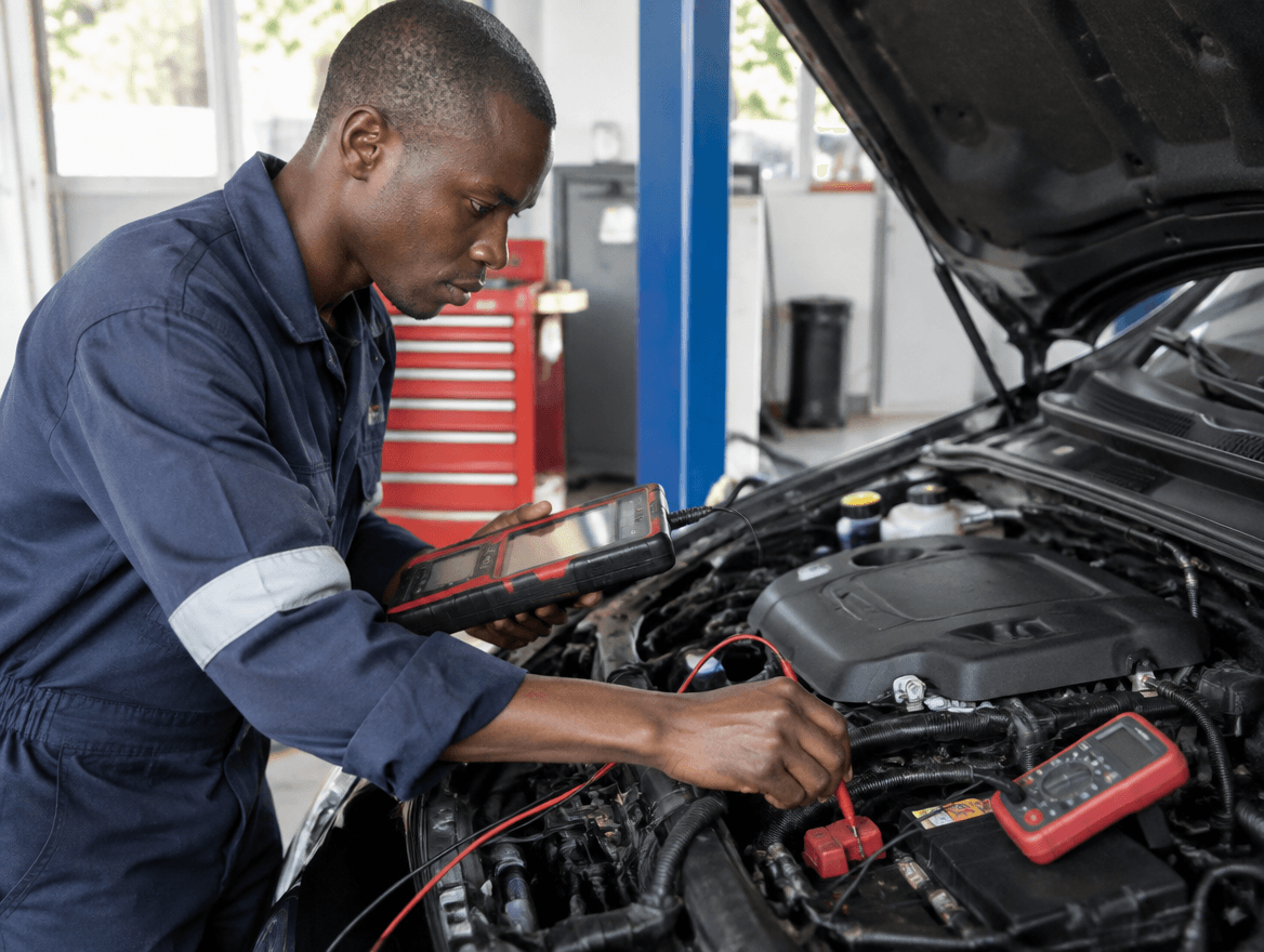 Technicien effectuant un diagnostic électronique automobile