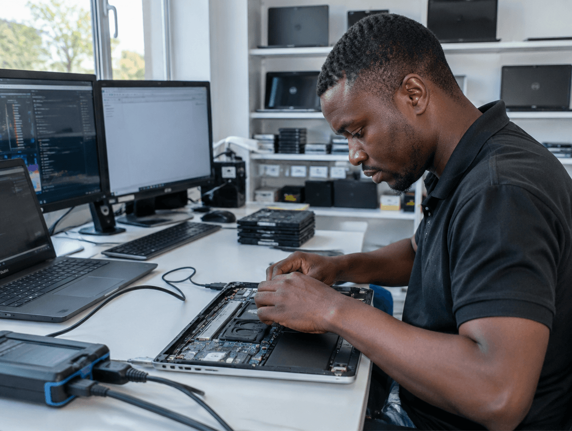 Technicien réparant un ordinateur portable