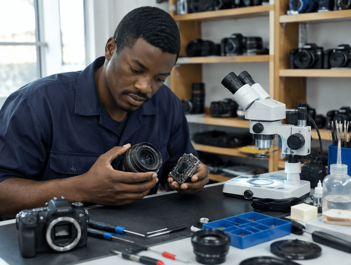 Technicien réparant un appareil photo