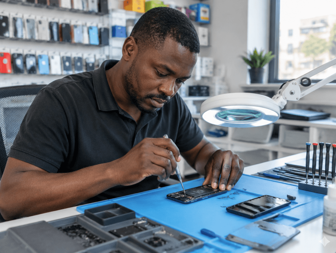 Technicien réparant un smartphone sur un établi